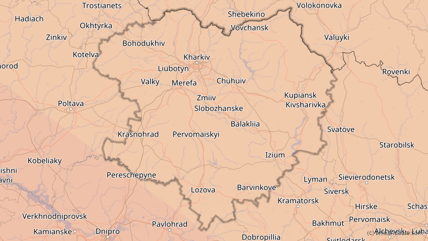 A map of Charkiw, Ukraine, showing the path of the 23. Jul 2093 Ringförmige Sonnenfinsternis