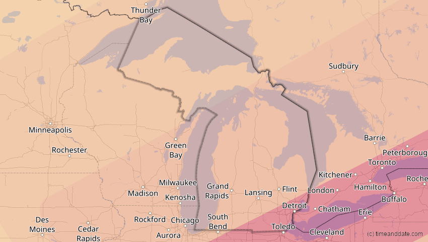 A map of Michigan, USA, showing the path of the 23. Jul 2093 Ringförmige Sonnenfinsternis