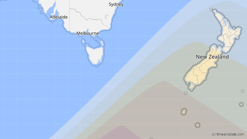 A map of Neuseeland, showing the path of the 17. Jan 2094 Totale Sonnenfinsternis