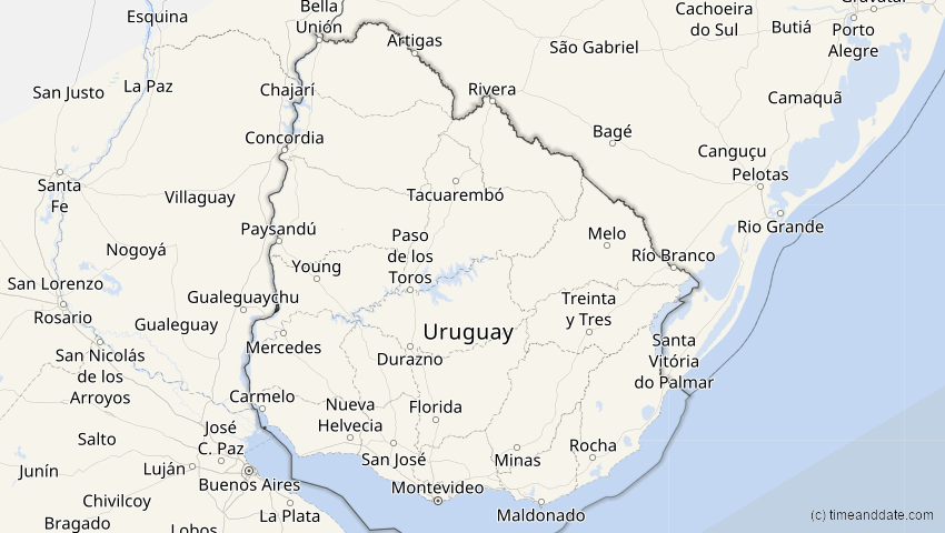 A map of Uruguay, showing the path of the 16. Jan 2094 Totale Sonnenfinsternis