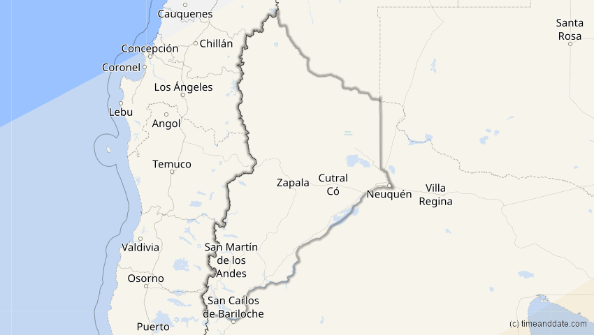 A map of Neuquén, Argentinien, showing the path of the 16. Jan 2094 Totale Sonnenfinsternis