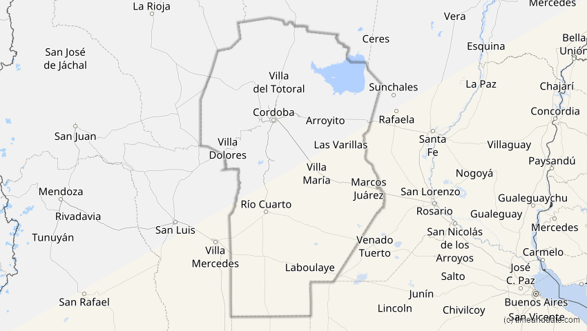 A map of Córdoba, Argentinien, showing the path of the 16. Jan 2094 Totale Sonnenfinsternis