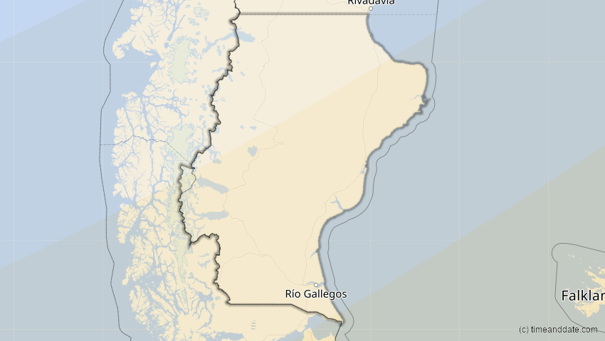 A map of Santa Cruz, Argentinien, showing the path of the 16. Jan 2094 Totale Sonnenfinsternis