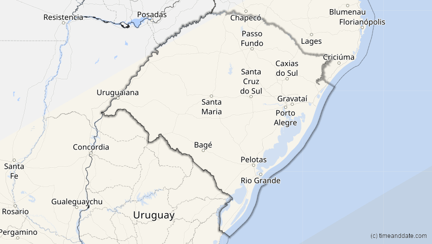 A map of Rio Grande do Sul, Brasilien, showing the path of the 16. Jan 2094 Totale Sonnenfinsternis