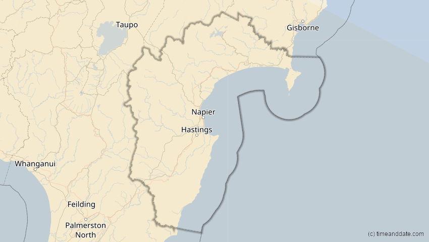 A map of Hawke's Bay, Neuseeland, showing the path of the 17. Jan 2094 Totale Sonnenfinsternis