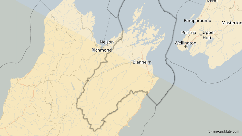 A map of Marlborough, Neuseeland, showing the path of the 17. Jan 2094 Totale Sonnenfinsternis