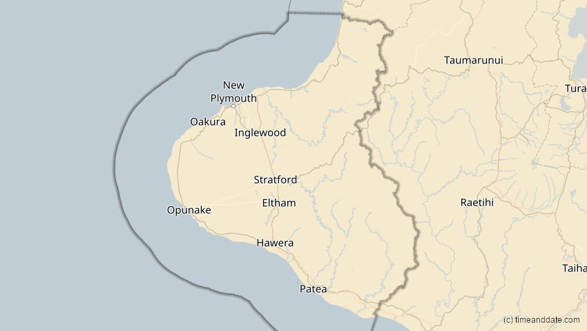 A map of Taranaki, Neuseeland, showing the path of the 17. Jan 2094 Totale Sonnenfinsternis