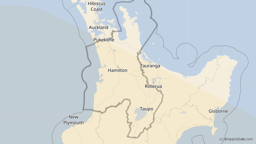 A map of Waikato, Neuseeland, showing the path of the 17. Jan 2094 Totale Sonnenfinsternis