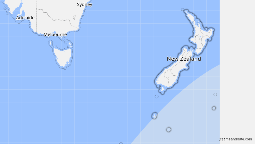A map of Neuseeland, showing the path of the 13. Jun 2094 Partielle Sonnenfinsternis