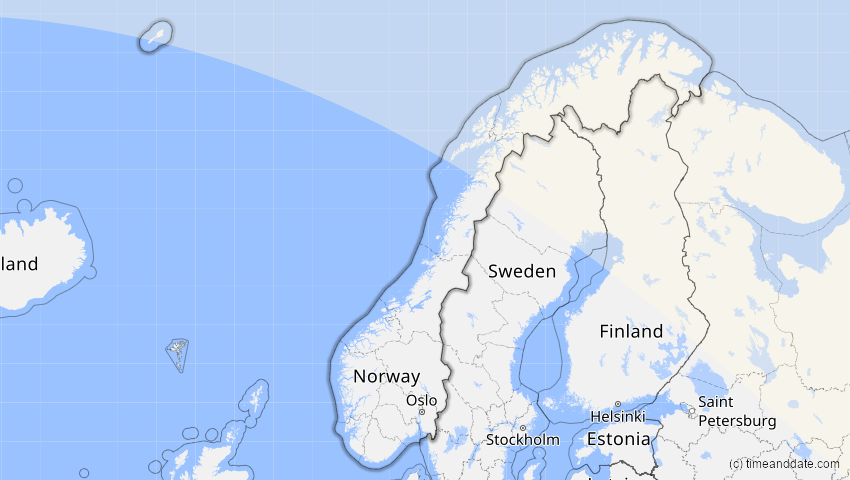A map of Norwegen, showing the path of the 12. Jul 2094 Partielle Sonnenfinsternis