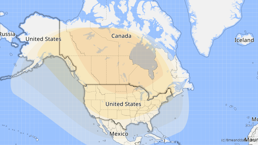 A map of USA, showing the path of the 7. Dez 2094 Partielle Sonnenfinsternis