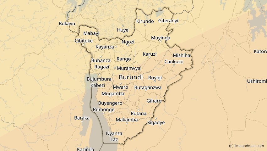 A map of Burundi, showing the path of the 2. Jun 2095 Totale Sonnenfinsternis