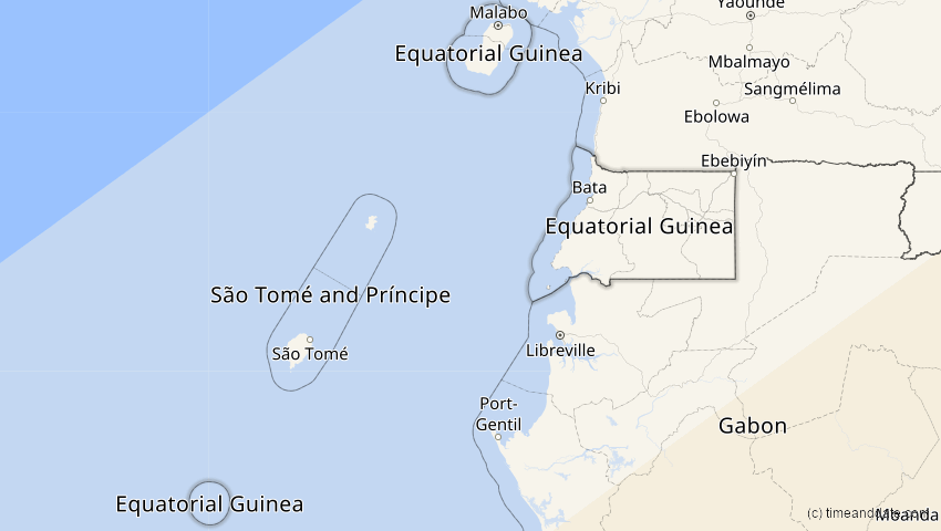 A map of Äquatorialguinea, showing the path of the 2. Jun 2095 Totale Sonnenfinsternis