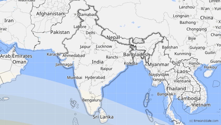 A map of Indien, showing the path of the 2. Jun 2095 Totale Sonnenfinsternis