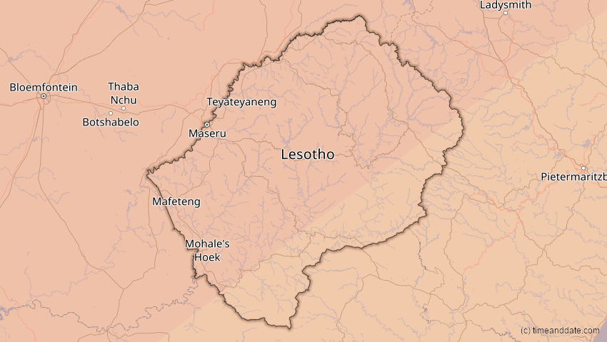 A map of Lesotho, showing the path of the 2. Jun 2095 Totale Sonnenfinsternis