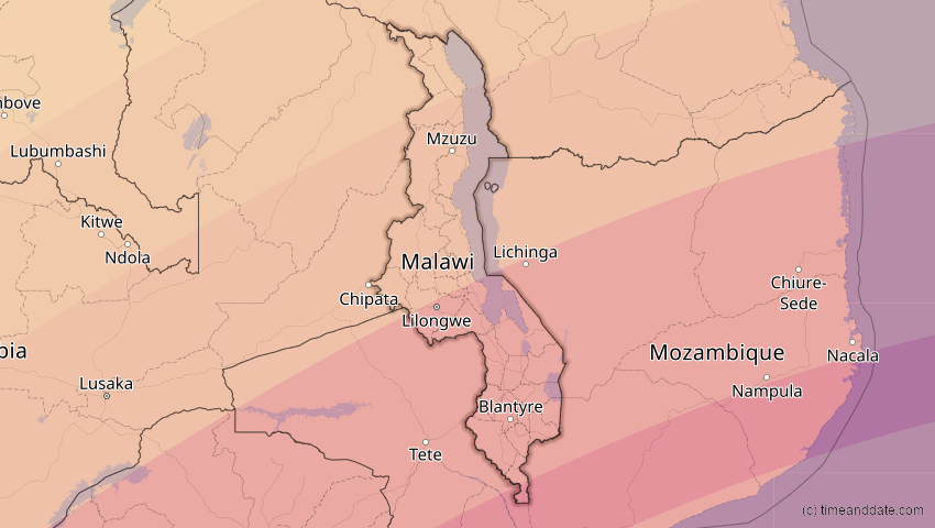 A map of Malawi, showing the path of the 2. Jun 2095 Totale Sonnenfinsternis