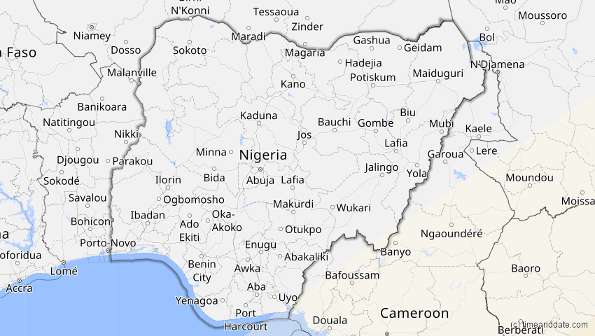 A map of Nigeria, showing the path of the 2. Jun 2095 Totale Sonnenfinsternis