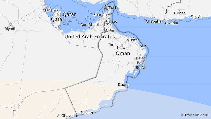 A map of Oman, showing the path of the 2. Jun 2095 Totale Sonnenfinsternis