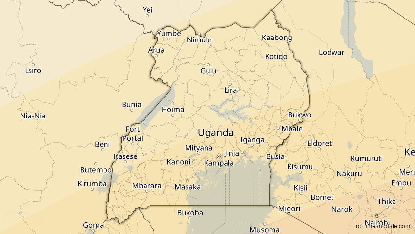 A map of Uganda, showing the path of the 2. Jun 2095 Totale Sonnenfinsternis