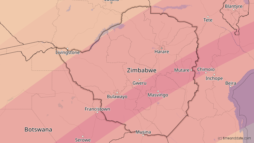 A map of Simbabwe, showing the path of the 2. Jun 2095 Totale Sonnenfinsternis
