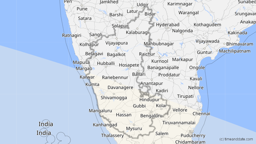 A map of Karnataka, Indien, showing the path of the 2. Jun 2095 Totale Sonnenfinsternis