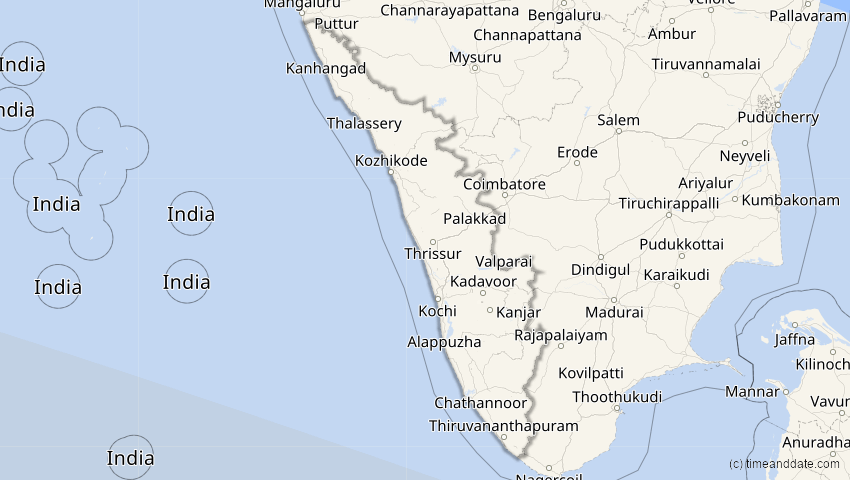 A map of Kerala, Indien, showing the path of the 2. Jun 2095 Totale Sonnenfinsternis