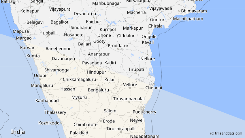 A map of Pondicherry, Indien, showing the path of the 2. Jun 2095 Totale Sonnenfinsternis