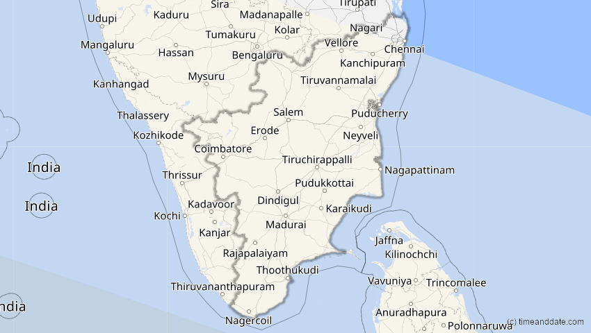 A map of Tamil Nadu, Indien, showing the path of the 2. Jun 2095 Totale Sonnenfinsternis