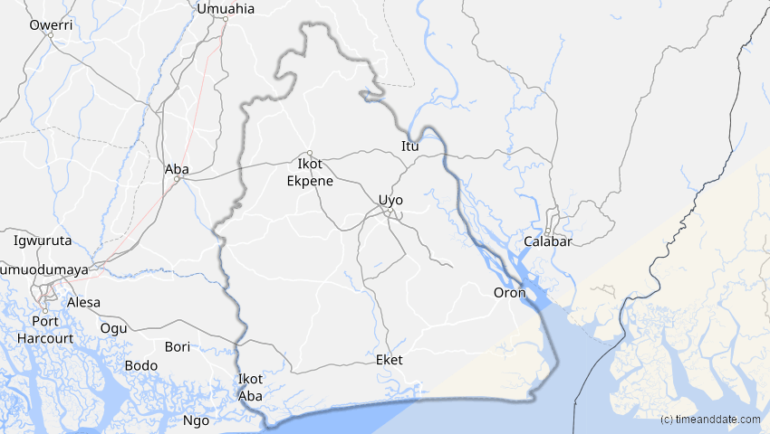 A map of Akwa Ibom, Nigeria, showing the path of the 2. Jun 2095 Totale Sonnenfinsternis
