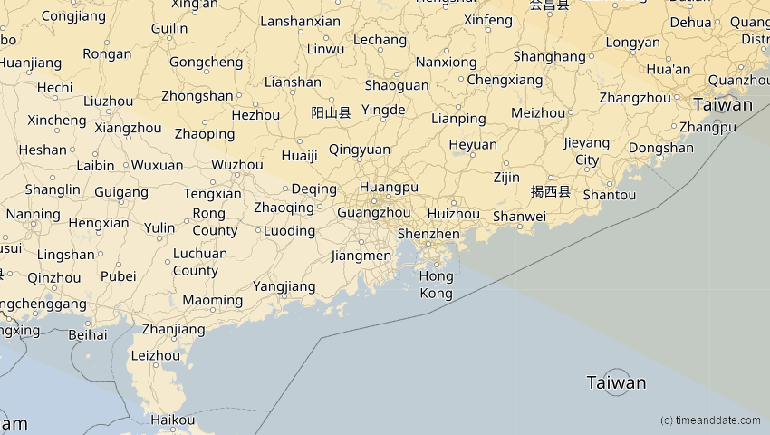 A map of Guangdong, China, showing the path of the 27. Nov 2095 Ringförmige Sonnenfinsternis