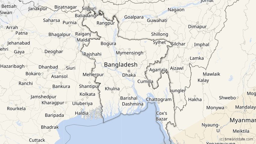 A map of Bangladesch, showing the path of the 22. Mai 2096 Totale Sonnenfinsternis