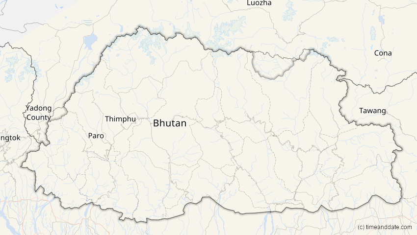 A map of Bhutan, showing the path of the 22. Mai 2096 Totale Sonnenfinsternis