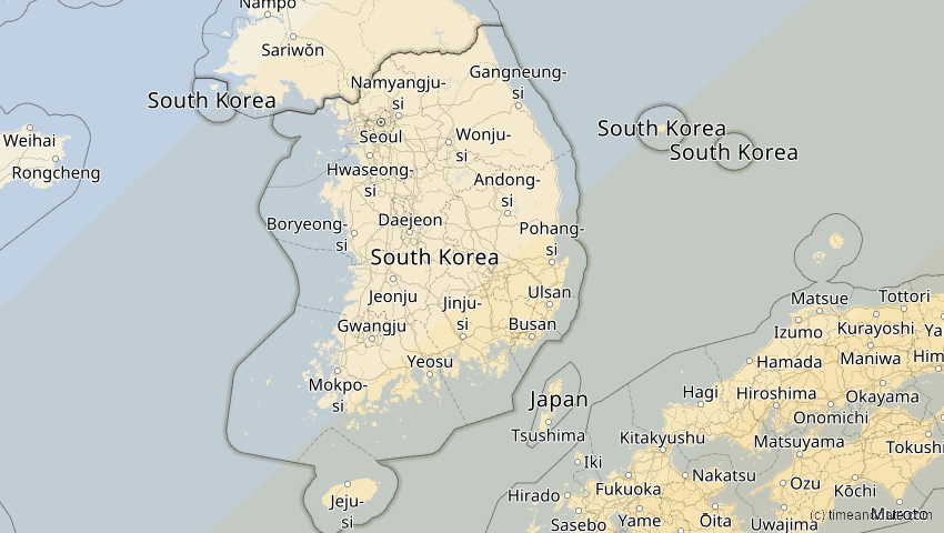 A map of Südkorea, showing the path of the 22. Mai 2096 Totale Sonnenfinsternis