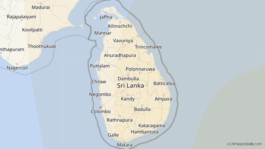 A map of Sri Lanka, showing the path of the 22. Mai 2096 Totale Sonnenfinsternis