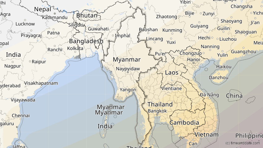 A map of Myanmar, showing the path of the 22. Mai 2096 Totale Sonnenfinsternis