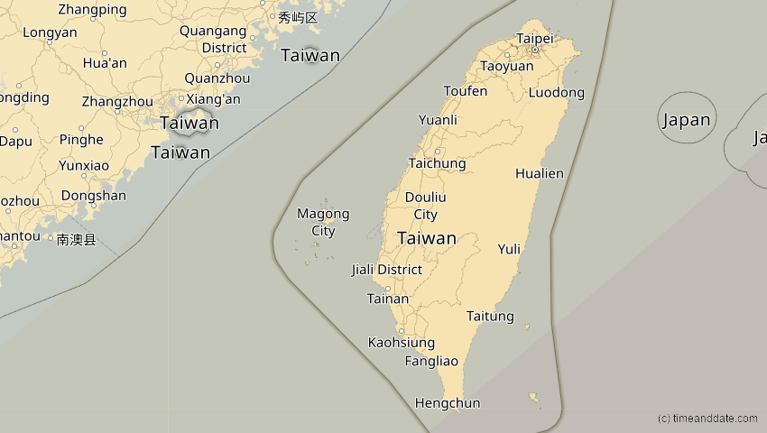 A map of Taiwan, showing the path of the 22. Mai 2096 Totale Sonnenfinsternis