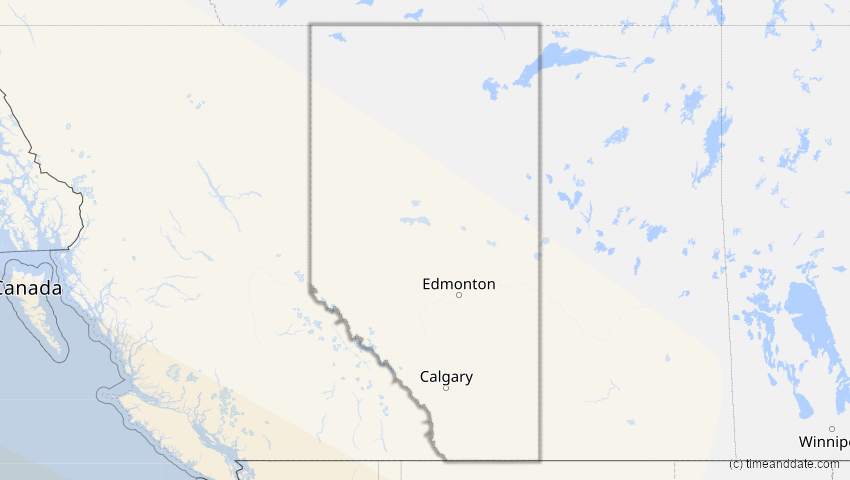 A map of Alberta, Kanada, showing the path of the 21. Mai 2096 Totale Sonnenfinsternis