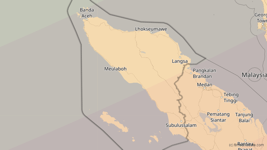 A map of Aceh, Indonesien, showing the path of the 22. Mai 2096 Totale Sonnenfinsternis