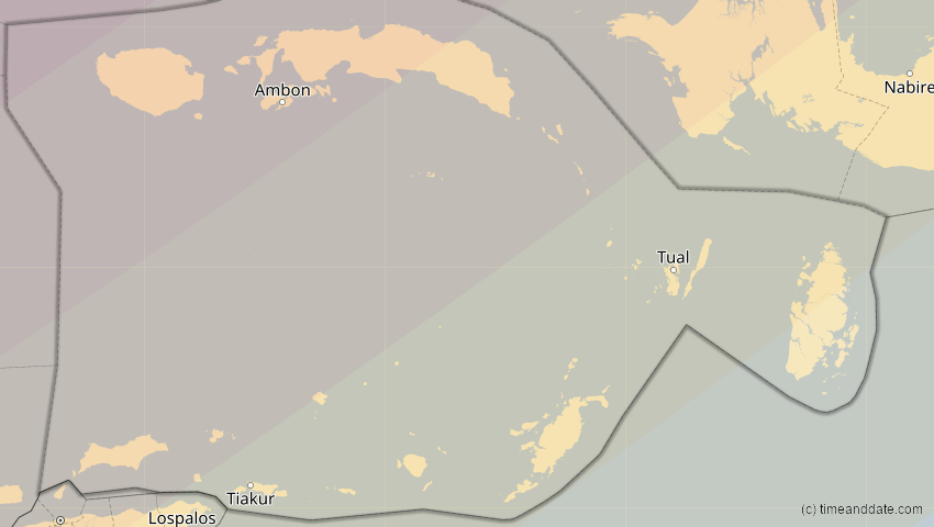 A map of Maluku, Indonesien, showing the path of the 22. Mai 2096 Totale Sonnenfinsternis