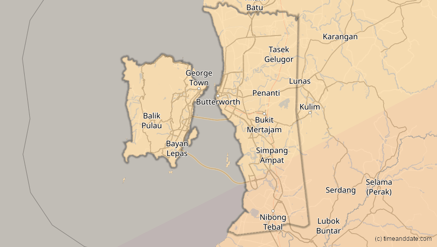A map of Penang, Malaysia, showing the path of the 22. Mai 2096 Totale Sonnenfinsternis