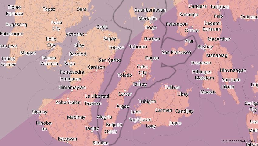 A map of Cebu, Philippinen, showing the path of the 22. Mai 2096 Totale Sonnenfinsternis