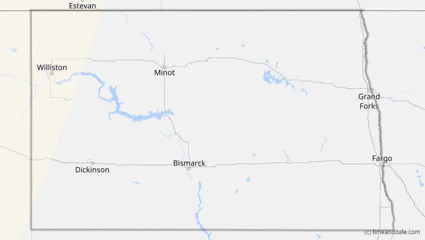 A map of North Dakota, USA, showing the path of the 21. Mai 2096 Totale Sonnenfinsternis