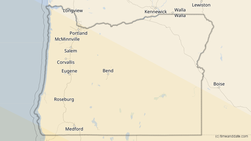 A map of Oregon, USA, showing the path of the 21. Mai 2096 Totale Sonnenfinsternis