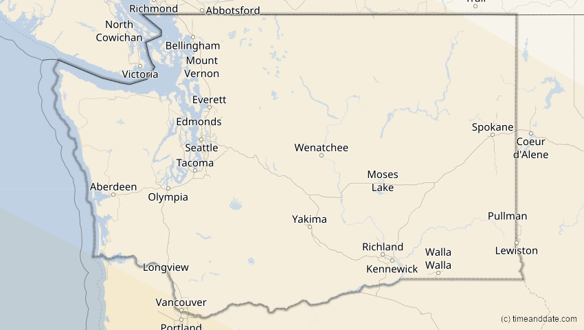 A map of Washington, USA, showing the path of the 21. Mai 2096 Totale Sonnenfinsternis