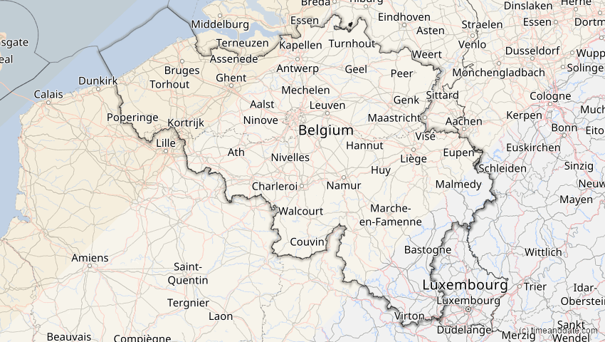 A map of Belgien, showing the path of the 11. Mai 2097 Totale Sonnenfinsternis