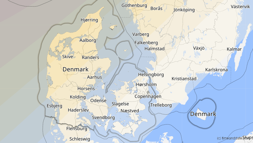 A map of Dänemark, showing the path of the 11. Mai 2097 Totale Sonnenfinsternis