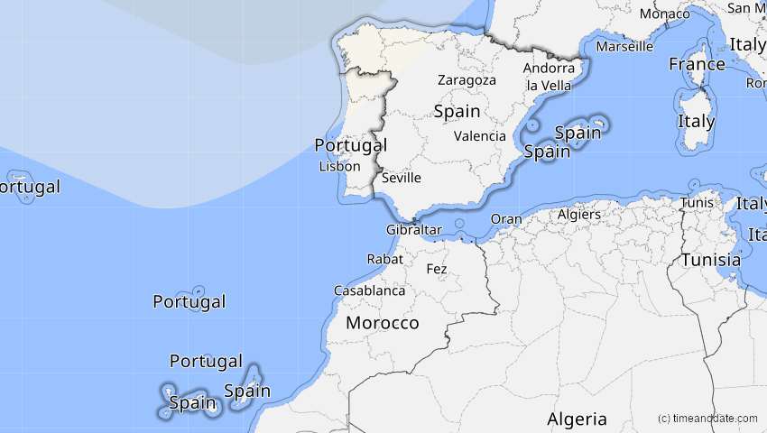 A map of Spanien, showing the path of the 11. Mai 2097 Totale Sonnenfinsternis