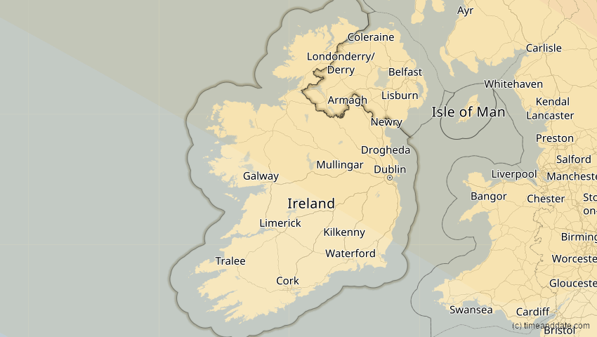 A map of Irland, showing the path of the 11. Mai 2097 Totale Sonnenfinsternis