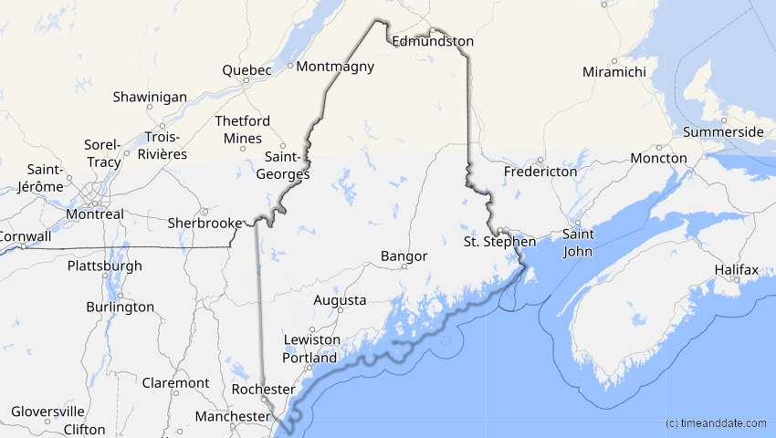 A map of Maine, USA, showing the path of the 11. Mai 2097 Totale Sonnenfinsternis