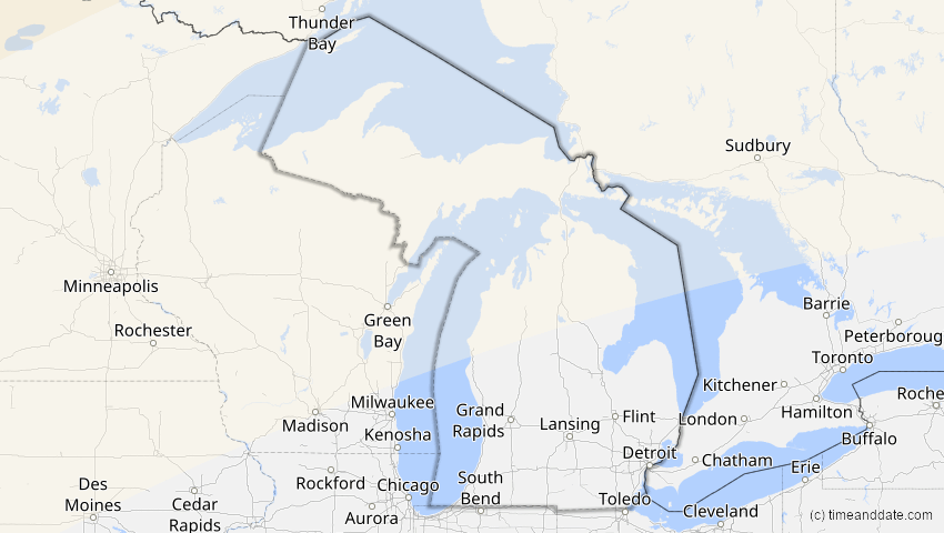 A map of Michigan, USA, showing the path of the 11. Mai 2097 Totale Sonnenfinsternis